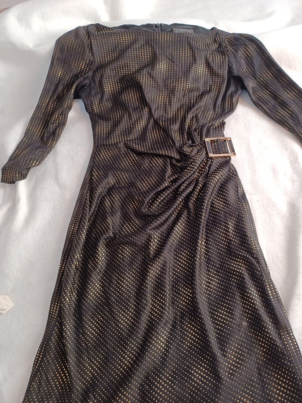 Tahari Black Long-Sleeve Dress with Gold Dot Accents and Side Buckle